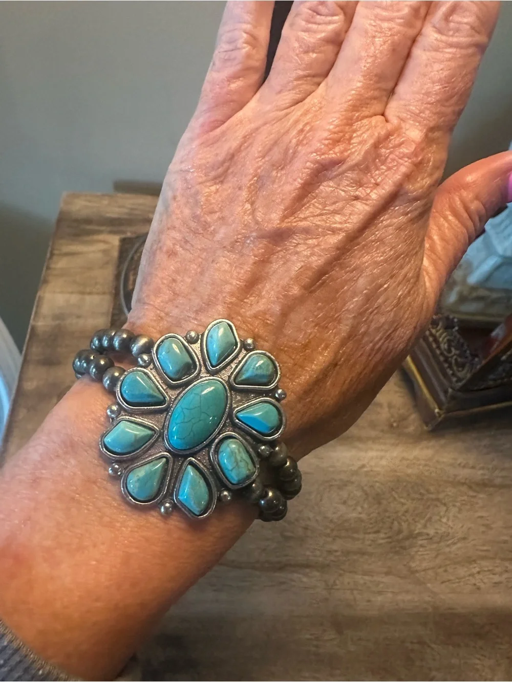 Turquoise Flower Statement Bracelet - Blue Stone Stretch Cuff